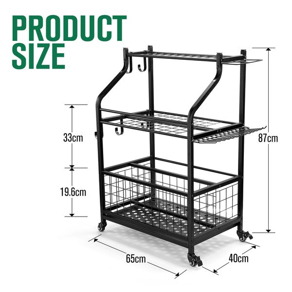 Garden Tools Storage Rack Organizer Broom Holder Handles Farm Shed Garage Workshop Warehouse Shelving Hook Utility Cart Power Hanger Trolley Wheels