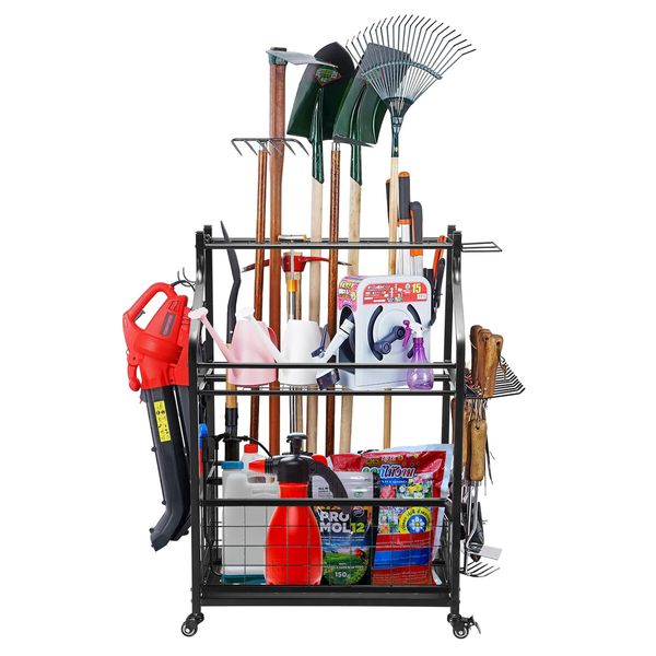 Garden Tools Storage Rack Organizer Broom Holder Handles Farm Shed Garage Workshop Warehouse Shelving Hook Utility Cart Power Hanger Trolley Wheels