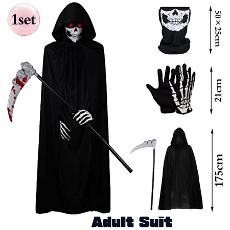 Scary Halloween Ghost Reaper Costume, Hooded Cloak, Skull Mask, Gloves,Horror Grim Reaper, Halloween Decoration for Adult(175CM)