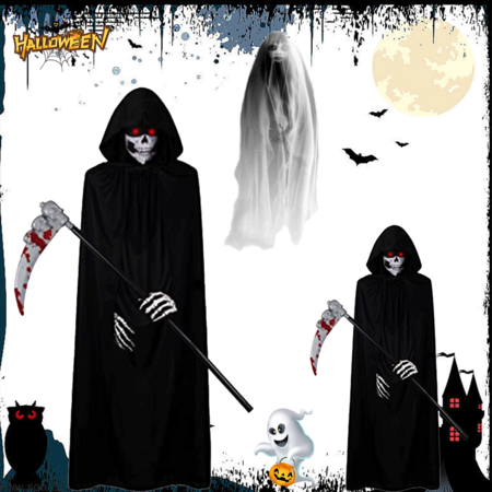 Scary Halloween Ghost Reaper Costume, Hooded Cloak, Skull Mask, Gloves,Horror Grim Reaper, Halloween Decoration for Adult(175CM)