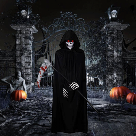 Scary Halloween Ghost Reaper Costume, Hooded Cloak, Skull Mask, Gloves,Horror Grim Reaper, Halloween Decoration for Adult(175CM)