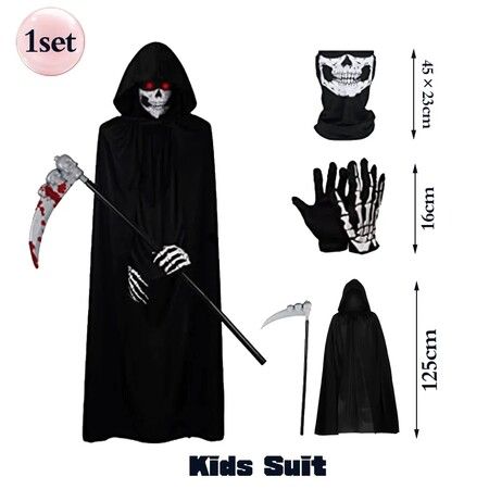 Scary Halloween Ghost Reaper Costume, Hooded Cloak, Skull Mask, Gloves,Horror Grim Reaper, Halloween Decoration for Kids(125CM)