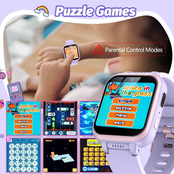 Kids Smart Watch with Puzzle Games HD Touch Screen Camera Video Music Player Pedometer Alarm Clock Flashlight Fashion Kids Smartwatch Gift,Age3+ (Purple)