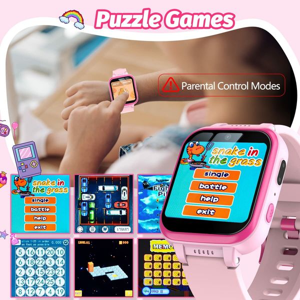 Kids Smart Watch with Puzzle Games HD Touch Screen Camera Video Music Player Pedometer Alarm Clock Flashlight Fashion Kids Smartwatch Gift for Age3+ Year Old Boys Girls Toys (Pink)