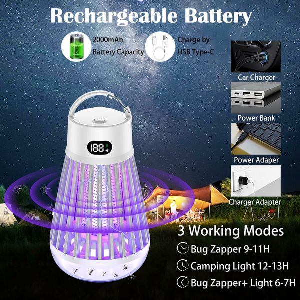 Bug Zapper Outdoor Indoor Mosquito and Fly Killer Electric Rechargeable Insect Trap   Cordless Bug Zappers USB Bug Bulb LED Light Mosquito Trap