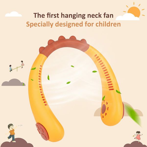 Portable Neck Fan Kids Bladeless Fan, USB Rechargeable Battery Operated Hanging Mini Fan 3 Speeds-Dinosaur ORANGE