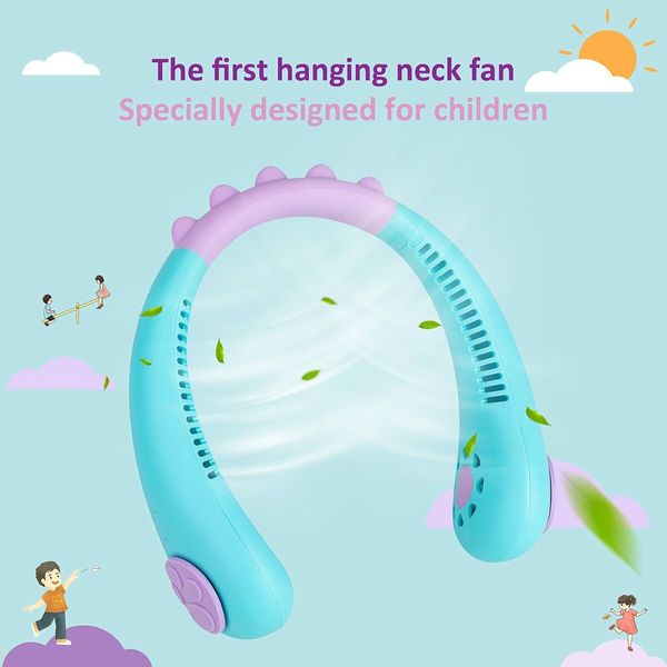 Portable Neck Fan Kids Bladeless Fan, USB Rechargeable Battery Operated Hanging Mini Fan 3 Speeds-Dinosaur Cyan