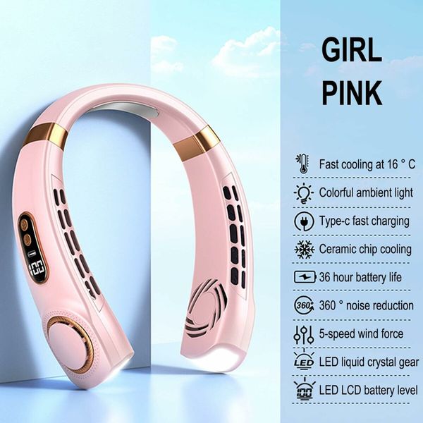 Portable Neck Hanging Fan BLADELESS 4000mAh Rechargeable 5 Speeds Adjustable with Digital Display & LED Light, Type-C Fast Charge (Pink)