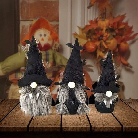 Halloween Gnomes Plush Doll Decor, 3Pcs Handmade Tomte Swedish Gnome Decor Gnomes Ornaments with Black Witch Cloak Hat