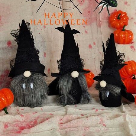 Halloween Gnomes Plush Doll Decor, 3Pcs Handmade Tomte Swedish Gnome Decor Gnomes Ornaments with Black Witch Cloak Hat