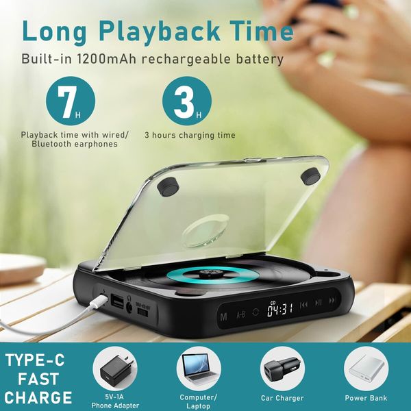 Portable CD Player Personal CD Players with Bluetooth for Car,Rechargeable Small CD Player with Headphones,LCD Touch Screen & Anti-Skip/Shockproof (Black)