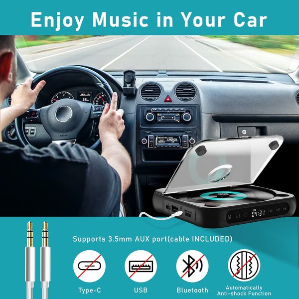 Portable CD Player Personal CD Players with Bluetooth for Car,Rechargeable Small CD Player with Headphones,LCD Touch Screen & Anti-Skip/Shockproof (Black)