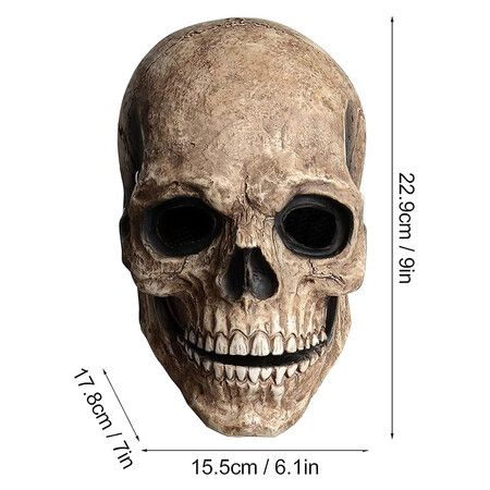 Horror Halloween Full Head Skull Mask with Moving Jaw Realistic Human Skeleton Mask Halloween Party Headgear Props (Brown)