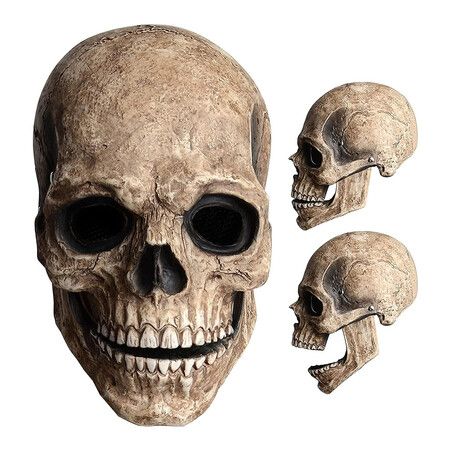 Horror Halloween Full Head Skull Mask with Moving Jaw Realistic Human Skeleton Mask Halloween Party Headgear Props (Brown)