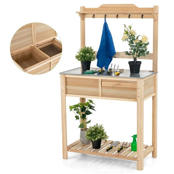 Wooden Potting Bench with Flip-open Galvanized Metal Tabletop