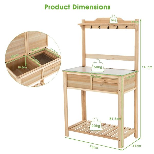 Wooden Potting Bench with Flip-open Galvanized Metal Tabletop