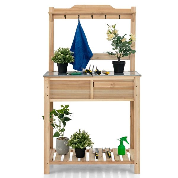 Wooden Potting Bench with Flip-open Galvanized Metal Tabletop