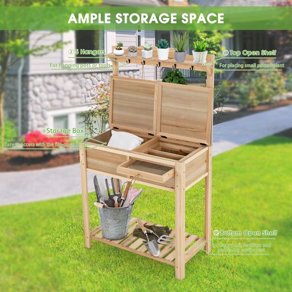 Wooden Potting Bench with Flip-open Galvanized Metal Tabletop