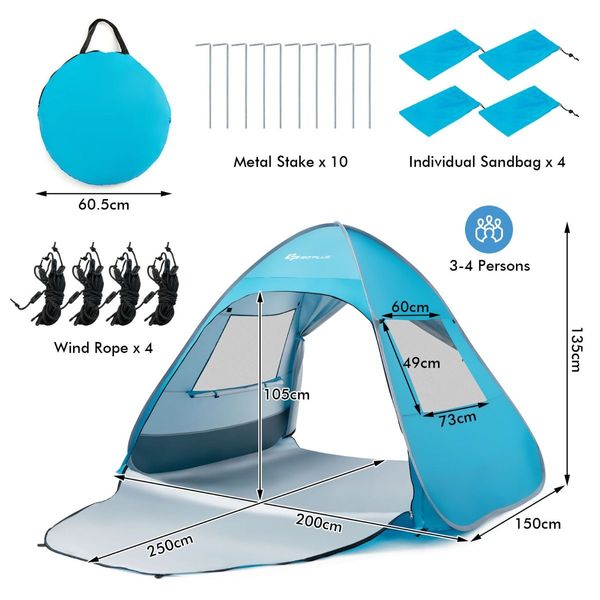 2-4 Persons Automatic Pop-up Tent with Carrying Bag, Stakes, Sandbags for Beach, Picnic