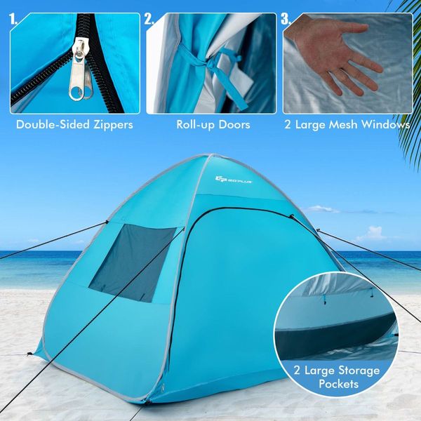 2-4 Persons Automatic Pop-up Tent with Carrying Bag, Stakes, Sandbags for Beach, Picnic