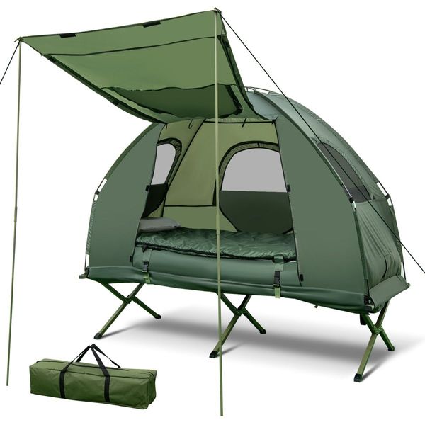 5-In-1 Single Folding Camping Tent Cots  with Comfy Air Mattress and Pillow for Hiking & Picnic