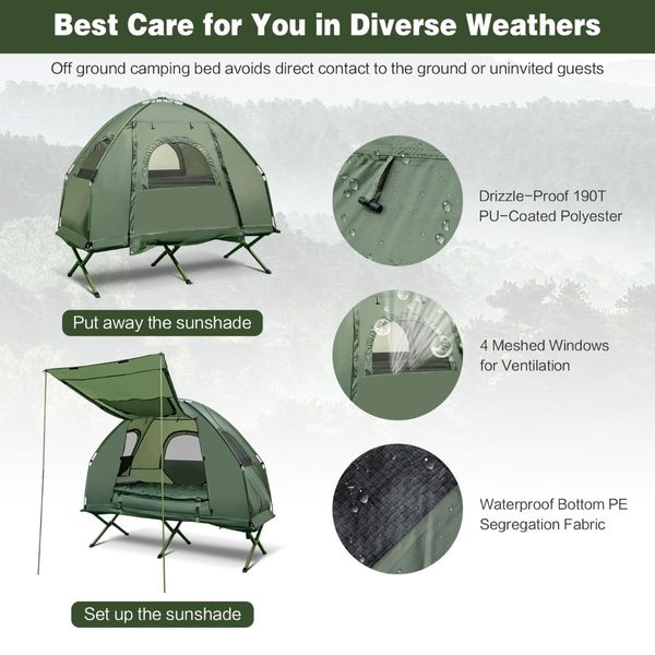 5-In-1 Single Folding Camping Tent Cots  with Comfy Air Mattress and Pillow for Hiking & Picnic