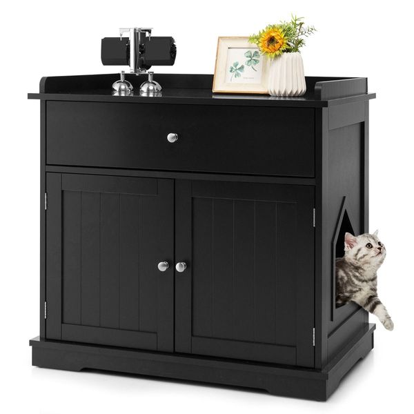 Modern Cat Litter Box Enclosure with Drawer & 2 Doors