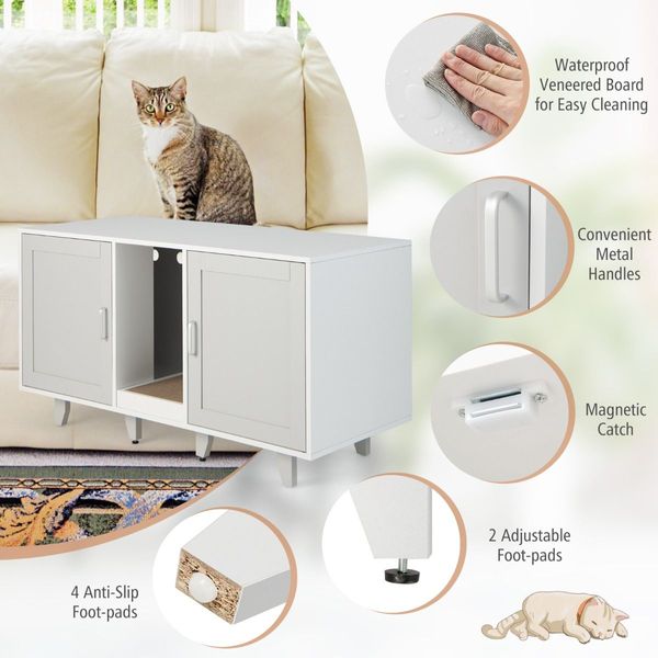 Cat Litter Box Enclosure TV Stand with Scratching Board for 2 Cats