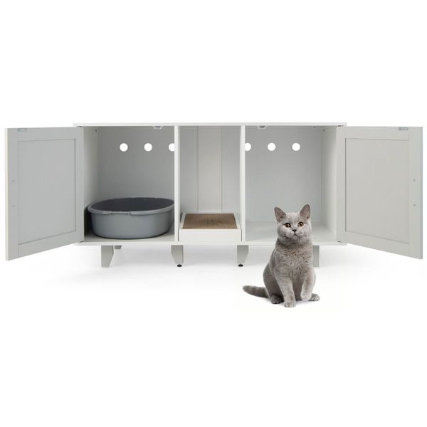 Cat Litter Box Enclosure TV Stand with Scratching Board for 2 Cats