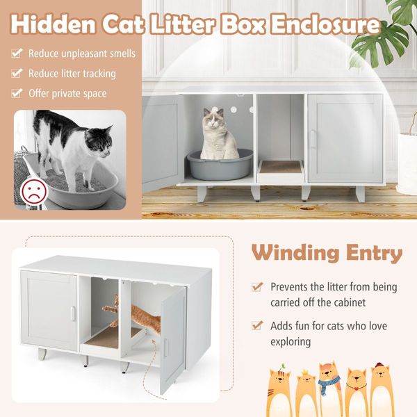 Cat Litter Box Enclosure TV Stand with Scratching Board for 2 Cats