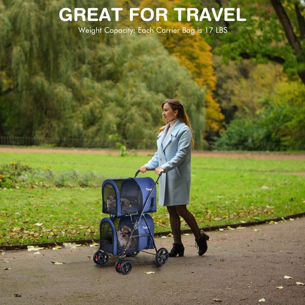 4-in-1 Double Pet Stroller with Detachable Carrier for Cats Travel