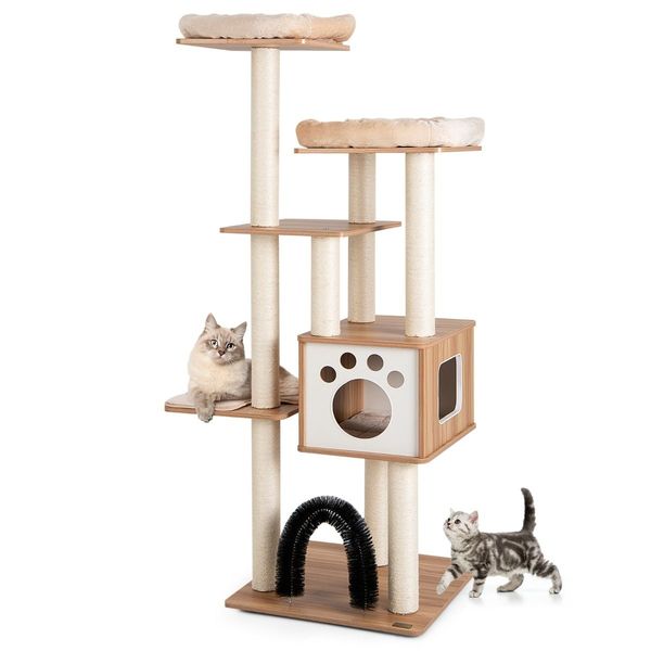 Multi-Level Tall Modern Cat Tree with 2 Top Plush Perches