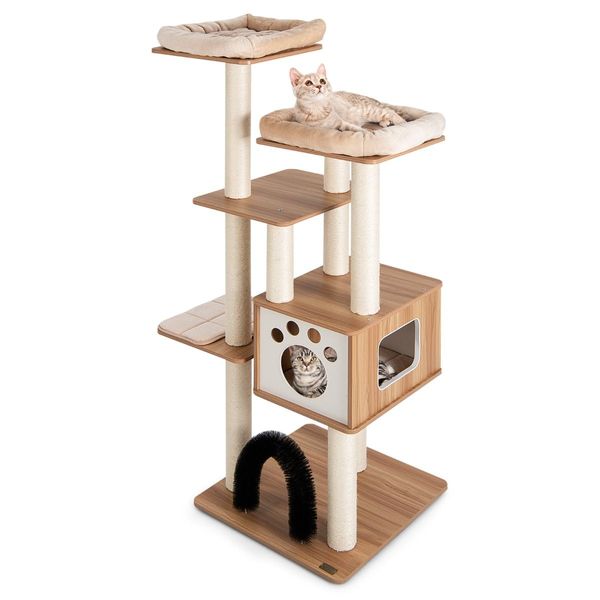 Multi-Level Tall Modern Cat Tree with 2 Top Plush Perches