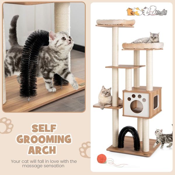 Multi-Level Tall Modern Cat Tree with 2 Top Plush Perches