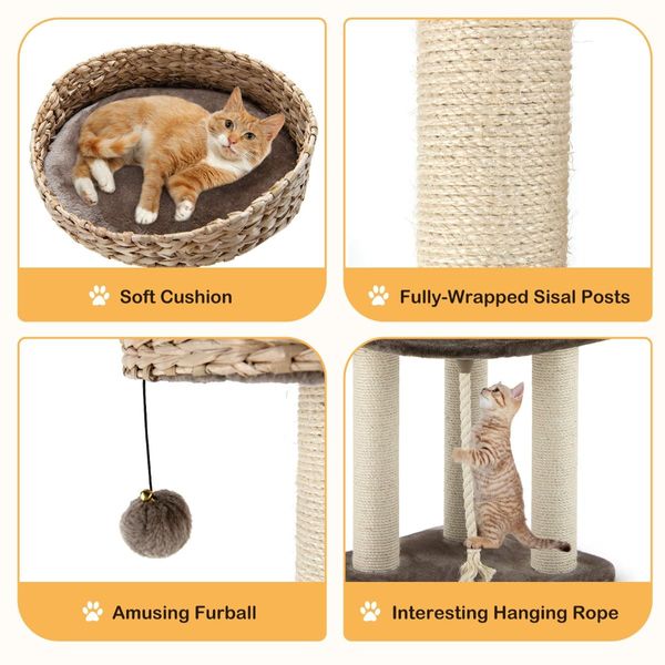 Rattan Cat Tree with Napping Percyh and Hanging Rope for Pet