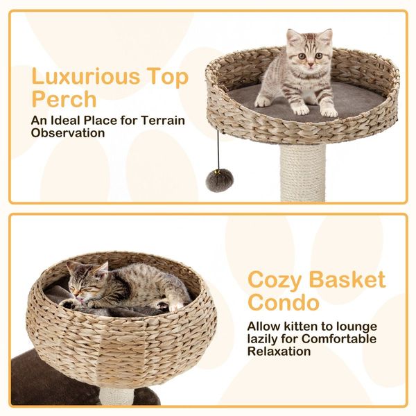 Rattan Cat Tree with Napping Percyh and Hanging Rope for Pet