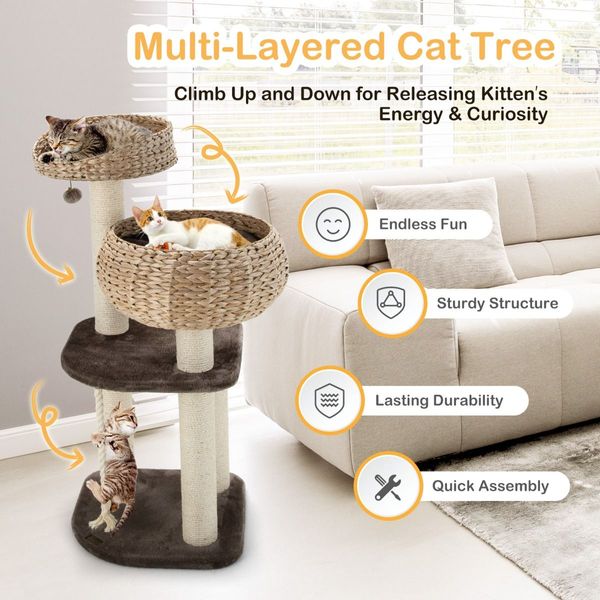 Rattan Cat Tree with Napping Percyh and Hanging Rope for Pet