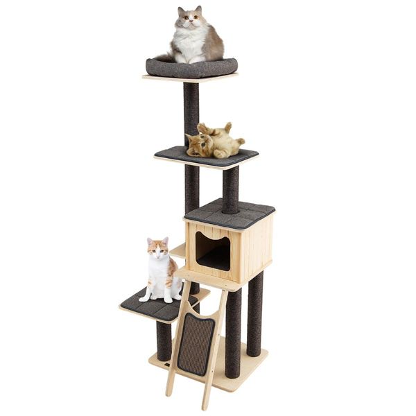 Solid Wood 4-Tier Cat Tree with Scratching Sisal Posts & Mat