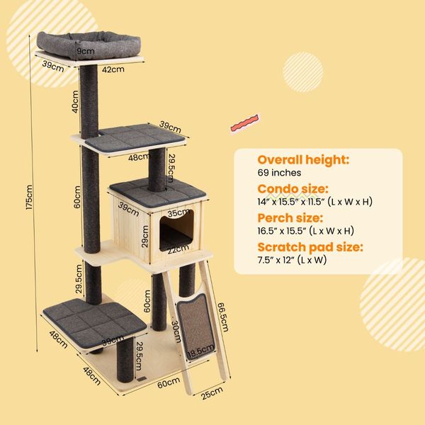 Solid Wood 4-Tier Cat Tree with Scratching Sisal Posts & Mat