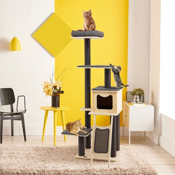 Solid Wood 4-Tier Cat Tree with Scratching Sisal Posts & Mat