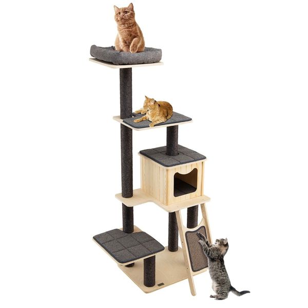 Solid Wood 4-Tier Cat Tree with Scratching Sisal Posts & Mat