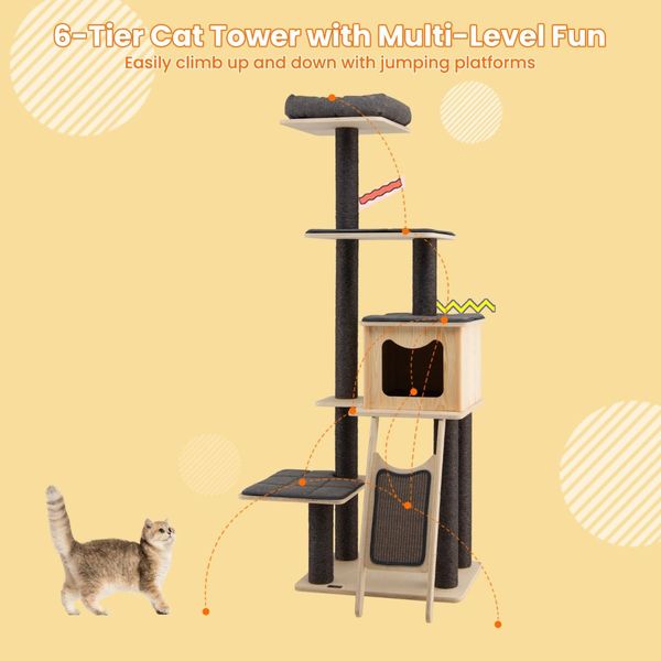 Solid Wood 4-Tier Cat Tree with Scratching Sisal Posts & Mat