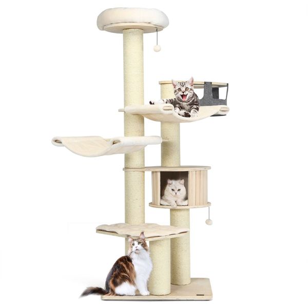 197cm Multi-level Cat Tree Cat Tower with Wooden Condo