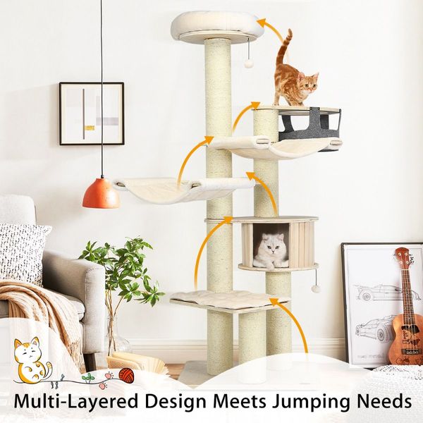 197cm Multi-level Cat Tree Cat Tower with Wooden Condo