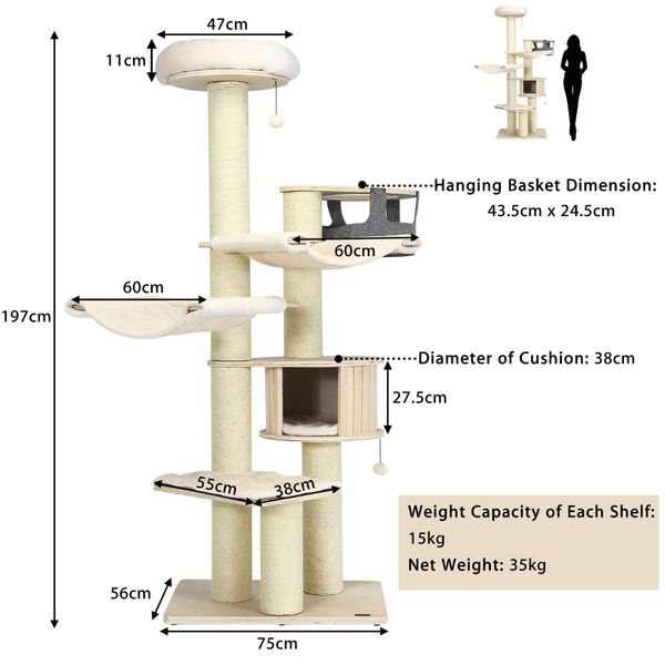 197cm Multi-level Cat Tree Cat Tower with Wooden Condo