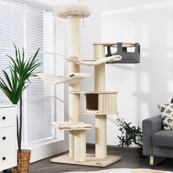 197cm Multi-level Cat Tree Cat Tower with Wooden Condo