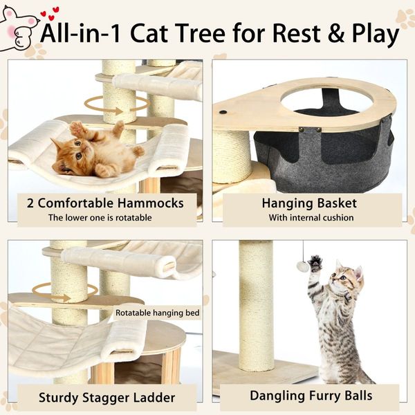 197cm Multi-level Cat Tree Cat Tower with Wooden Condo