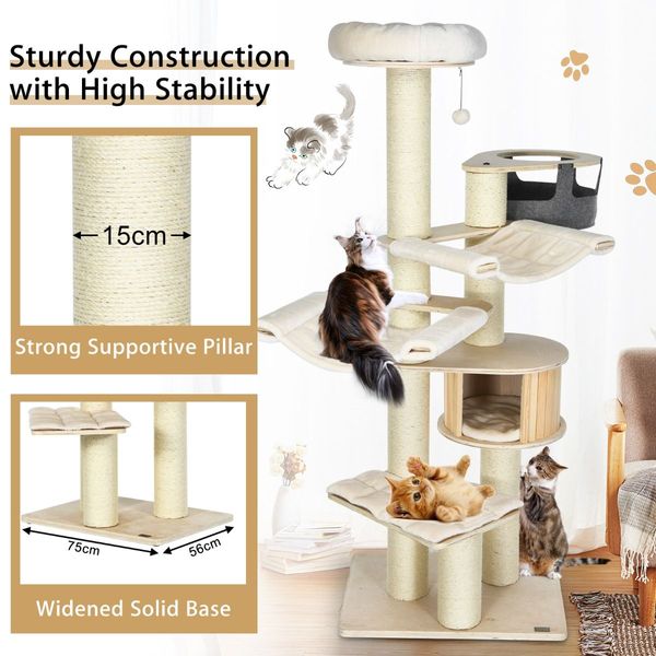 197cm Multi-level Cat Tree Cat Tower with Wooden Condo