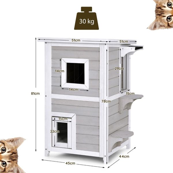 2-Story Wooden Cat House with Opening Asphalt Roof for Cats