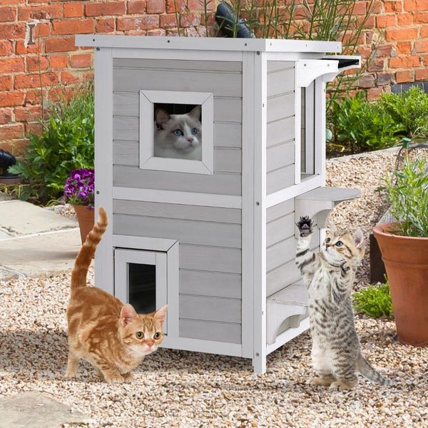 2-Story Wooden Cat House with Opening Asphalt Roof for Cats